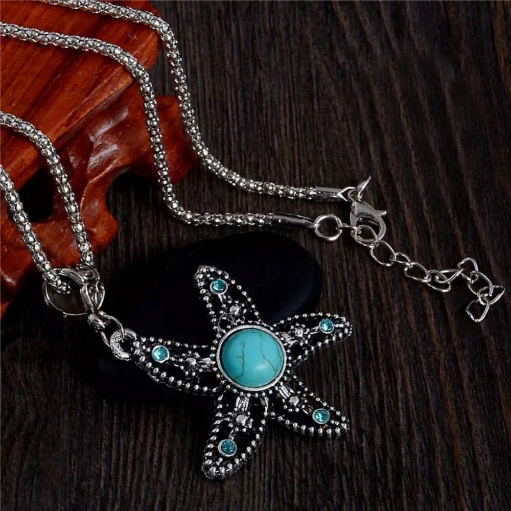 Blue Turquoise Silver Chain Starfish Necklace
